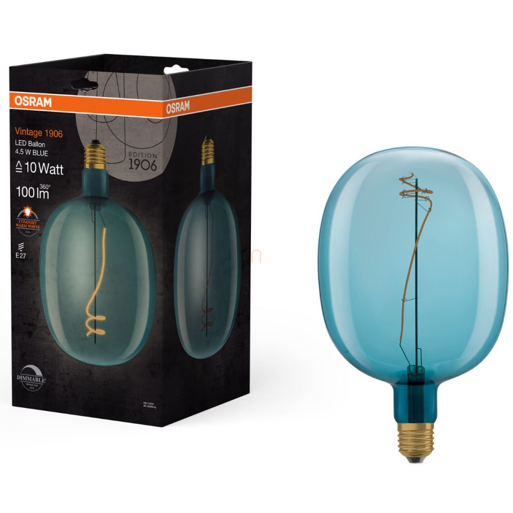 Osram E27 LED 4,5W, 100 lm, 1600 K, candlelight, dimmelhető, kék üveg-10 W izzó helyett - Vintage 1906 DIM Classic Ballon Blue filament