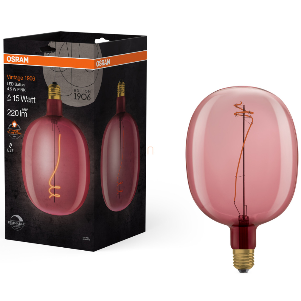 Osram E27 LED 4,5W, 220 lm, 1600 K, candlelight, dimmelhető, rózsaszín üveg-15 W izzó helyett - Vintage 1906 DIM Classic Ballon Pink filament