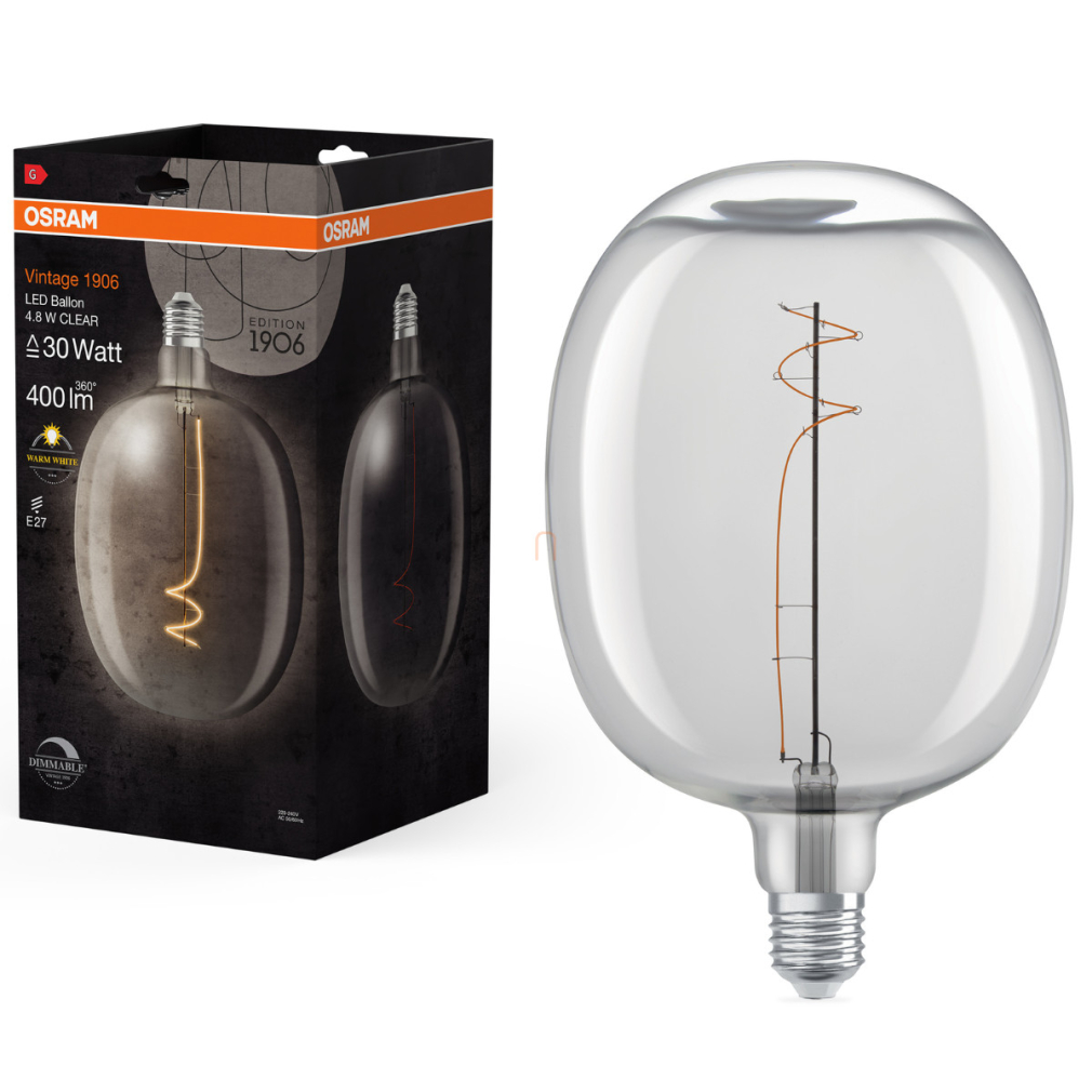 Osram E27 LED 4,8W, 400 lm, 2700 K, melegfehér, dimmelhető, áttetsző üveg-30 W izzó helyett - Vintage 1906 DIM Classic Ballon filament