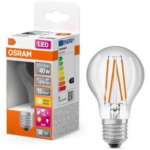   Osram E27 LED 4,9W, 470 lm, 2700 K, melegfehér, áttetsző üveg-40 W normál izzó helyett - Star+ Classic A 40 filament