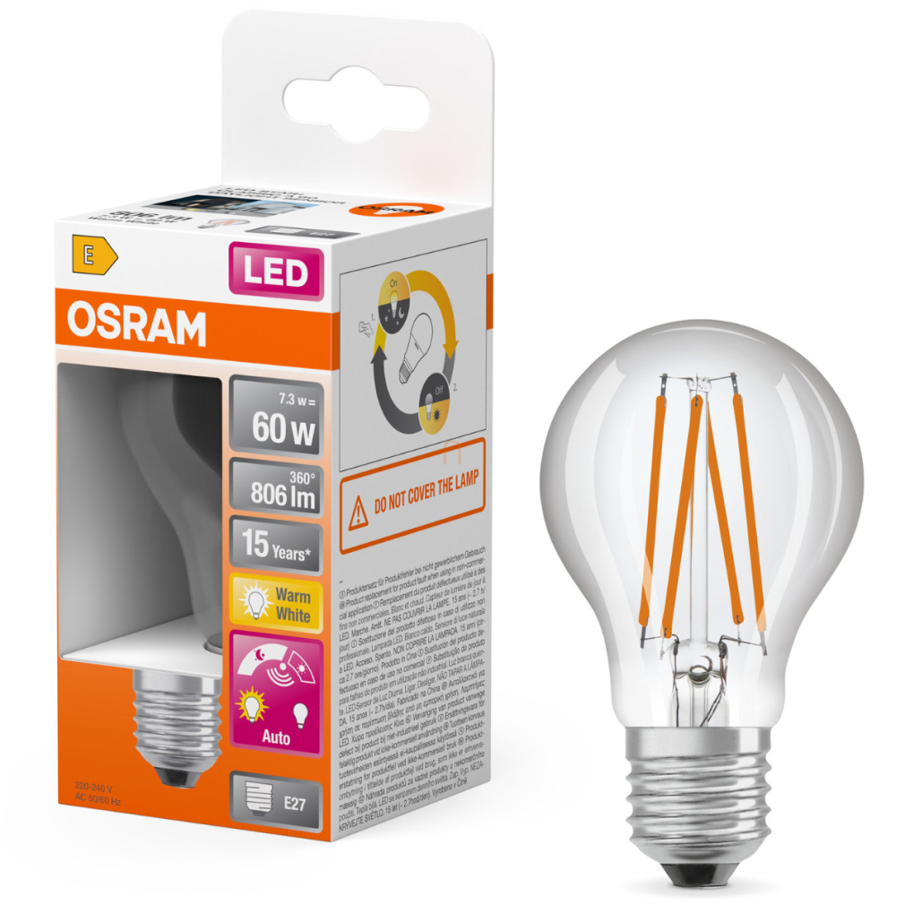 Osram E27 LED 7,3W, 806 lm, 2700 K, melegfehér, áttetsző üveg-60 W normál izzó helyett, fényérzékelős - Star+ Classic A 60 filament