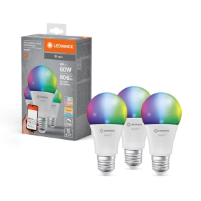   Ledvance Smart+ WIFI E27 RGBW LED 2700-6500 K, 9W, 806 lm, 60 W izzó helyett, 3 db/csomag