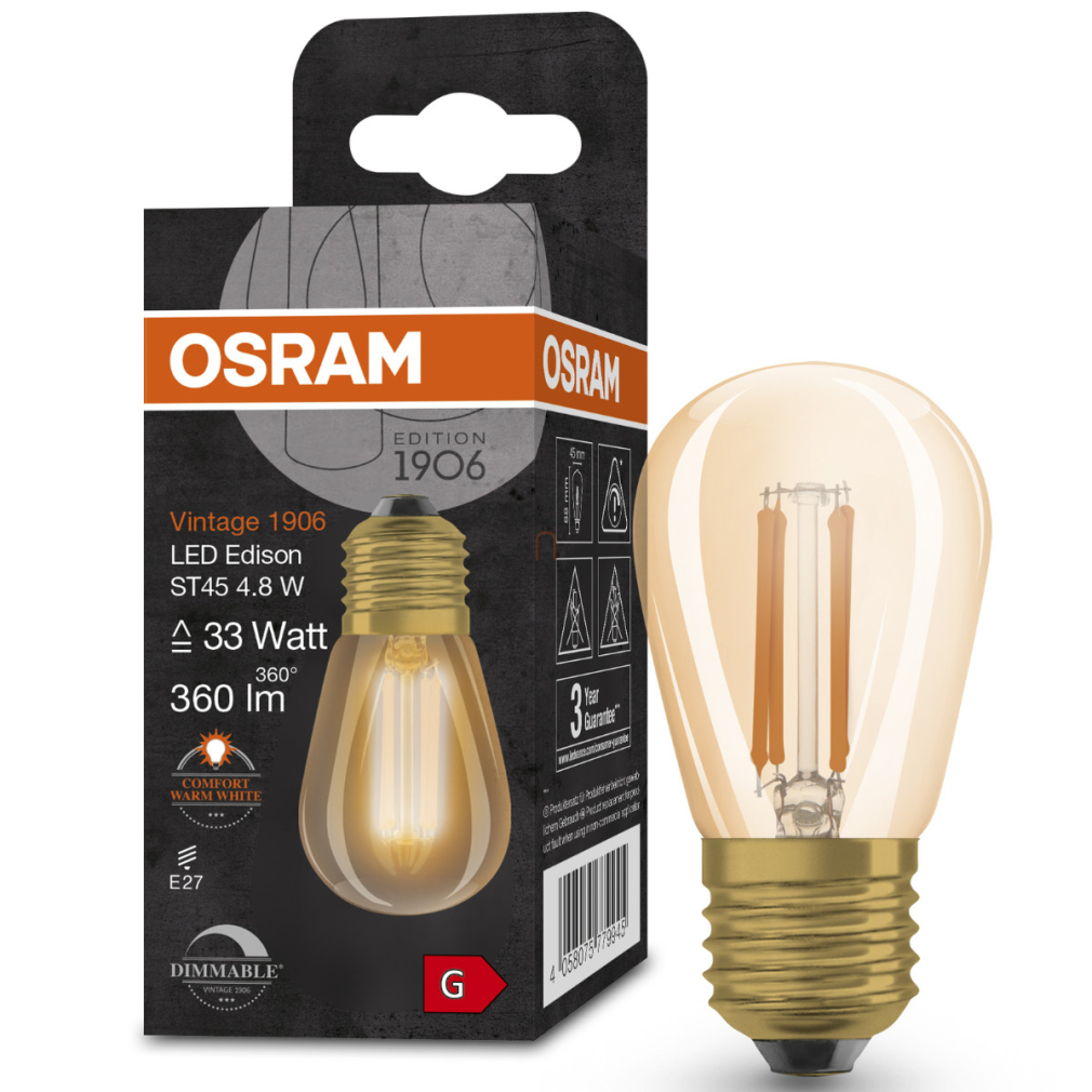 Osram E27 LED 4,8W, 360 lm, 2200 K, candlelight, dimmelhető, arany színű színű üveg-30 W izzó helyett - Vintage 1906 DIM Classic Edison Gold filament