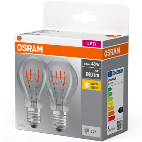   Osram E27 LED 5,9W, 600 lm, 2700 K, melegfehér, áttetsző üveg-50 W normál izzó helyett, 2 darabos - Base Classic A filament
