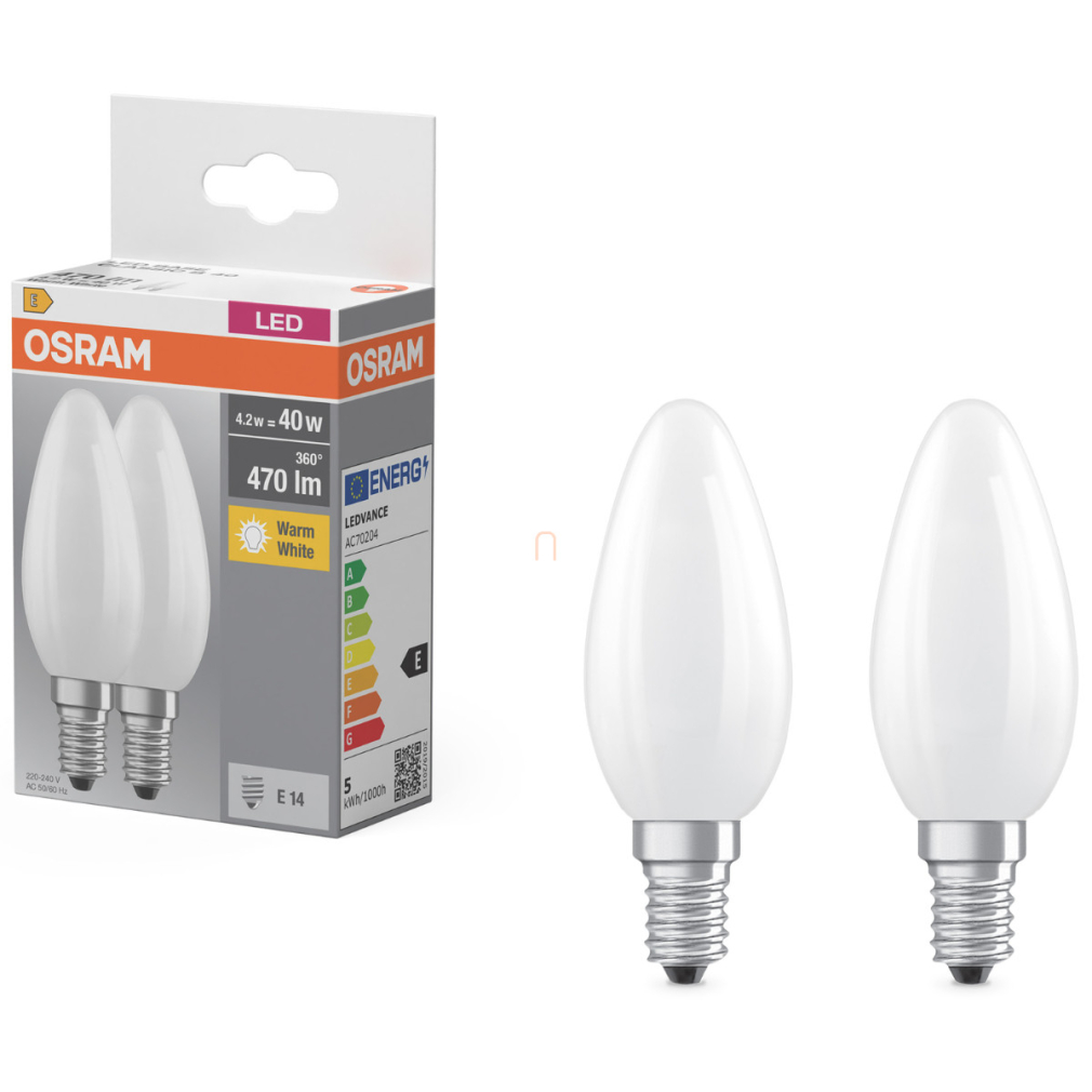Osram E14 LED gyertya, 4,2W, 470 lm, 2700 K, melegfehér, opál üveg-40 W izzó helyett, 2 darabos - Base Classic B