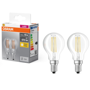   Osram E14 LED kisgömb, 4W, 470 lm, 2700 K, melegfehér, áttetsző üveg-40 W izzó helyett, 2 darabos - Base Classic P filament