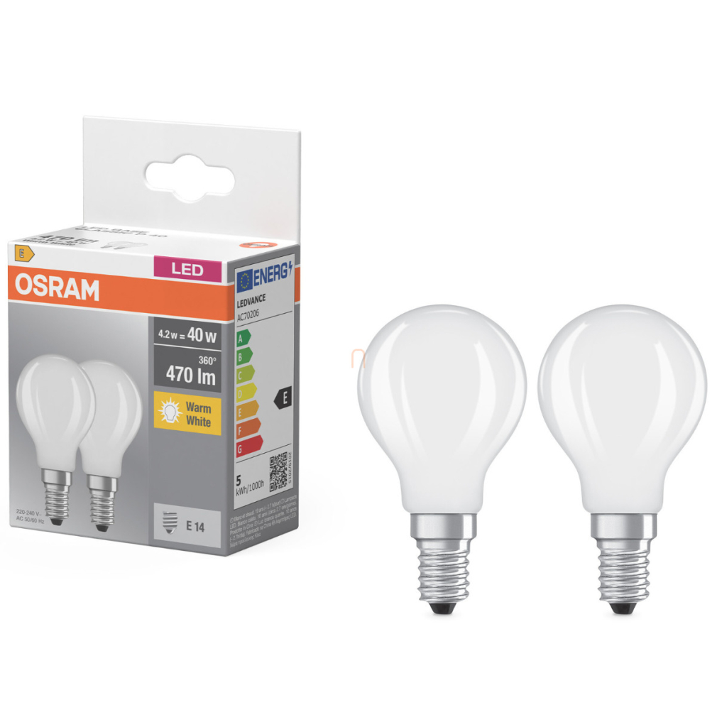 Osram E14 LED kisgömb, 4,2W, 470 lm, 2700 K, melegfehér, opál üveg-40 W izzó helyett, 2 darabos - Base Classic P