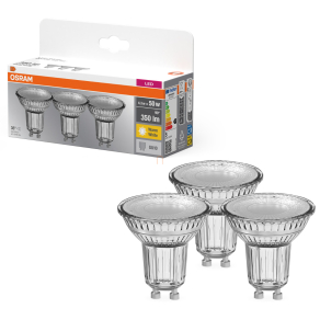   Osram GU10 LED 4,3W, 350 lm, 2700 K, melegfehér, áttetsző üveg-50 W izzó helyett, 3 darabos - Base Spot PAR16