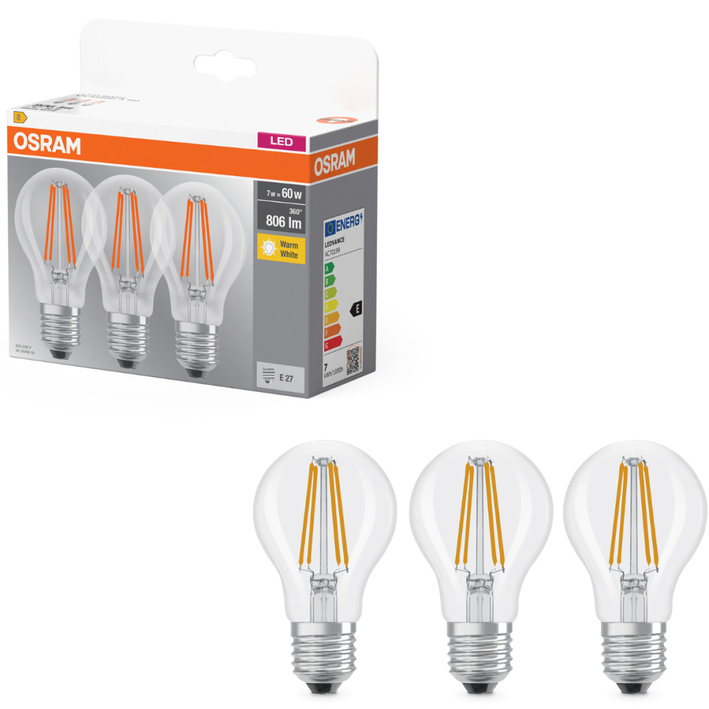 Osram E27 LED 7W, 806 lm, 2700 K, melegfehér, áttetsző üveg-60 W normál izzó helyett, 3 darabos - Base Classic A 60 filament