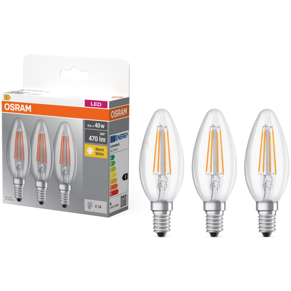 Osram E14 LED gyertya, 4W, 470 lm, 2700 K, melegfehér, áttetsző üveg-40 W izzó helyett, 3 darabos - Base Classic B filament
