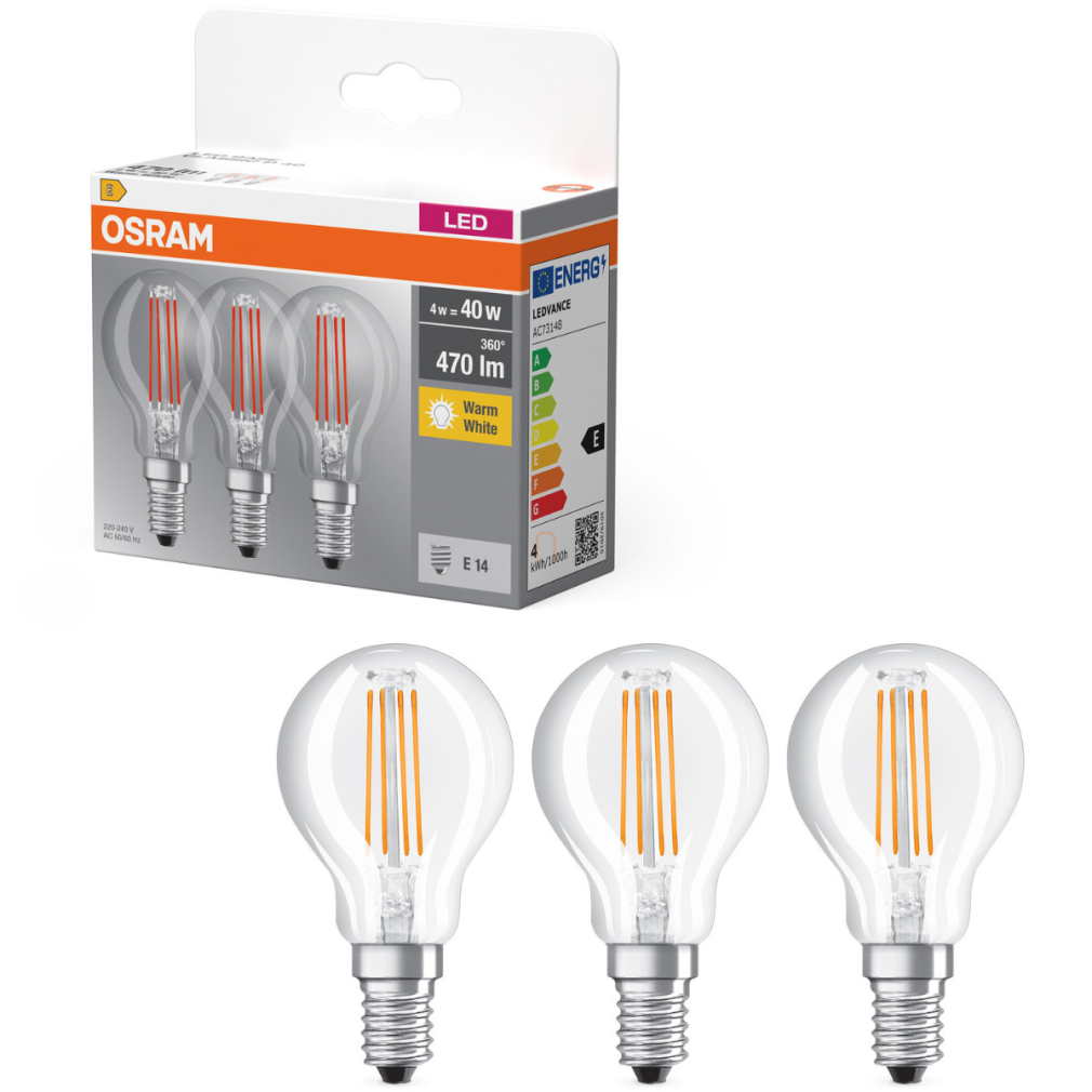 Osram E14 LED kisgömb, 4W, 470 lm, 2700 K, melegfehér, áttetsző üveg-40 W izzó helyett, 3 darabos - Base Classic P filament