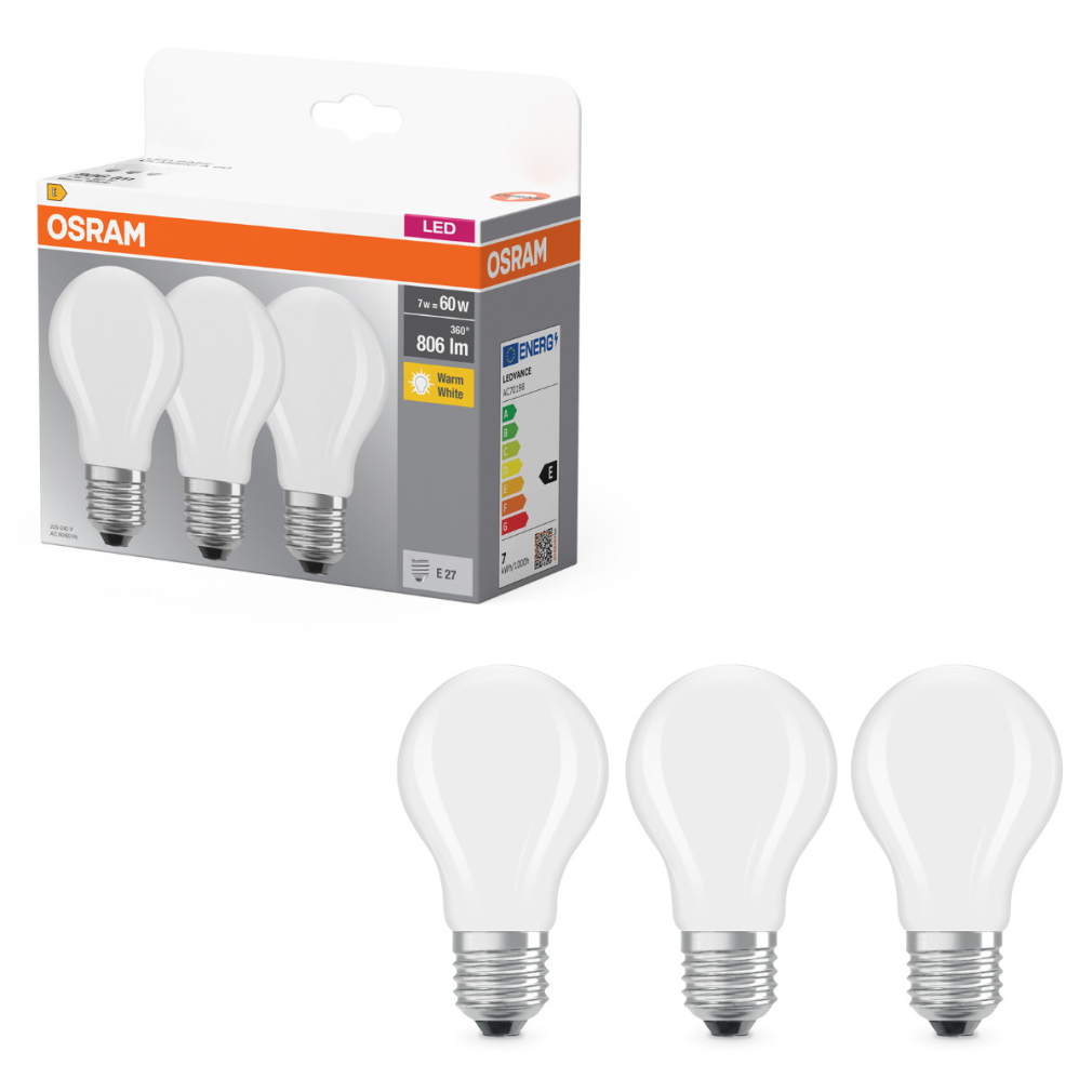 Osram E27 LED 7W, 806 lm, 2700 K, melegfehér, opál üveg-60 W normál izzó helyett, 3 darabos - Base Classic A