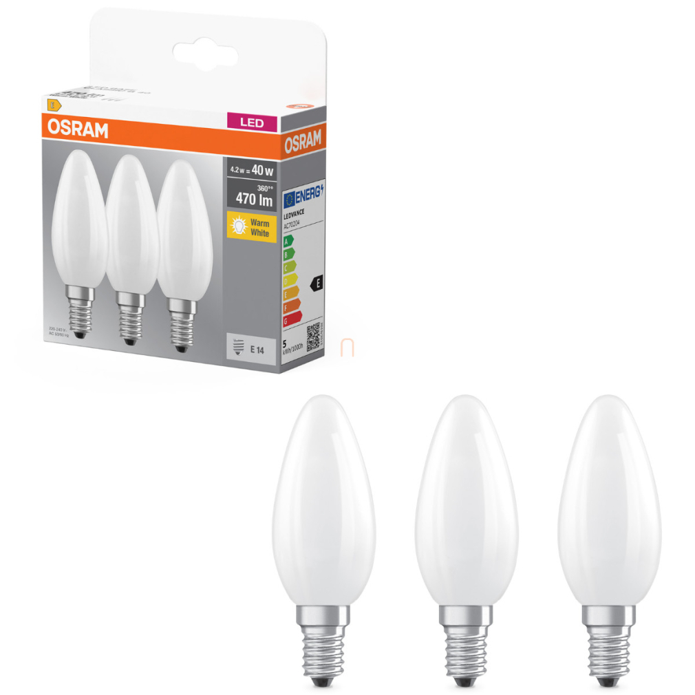 Osram E14 LED gyertya, 4,2W, 470 lm, 2700 K, melegfehér, opál üveg-40 W izzó helyett, 3 darabos - Base Classic B