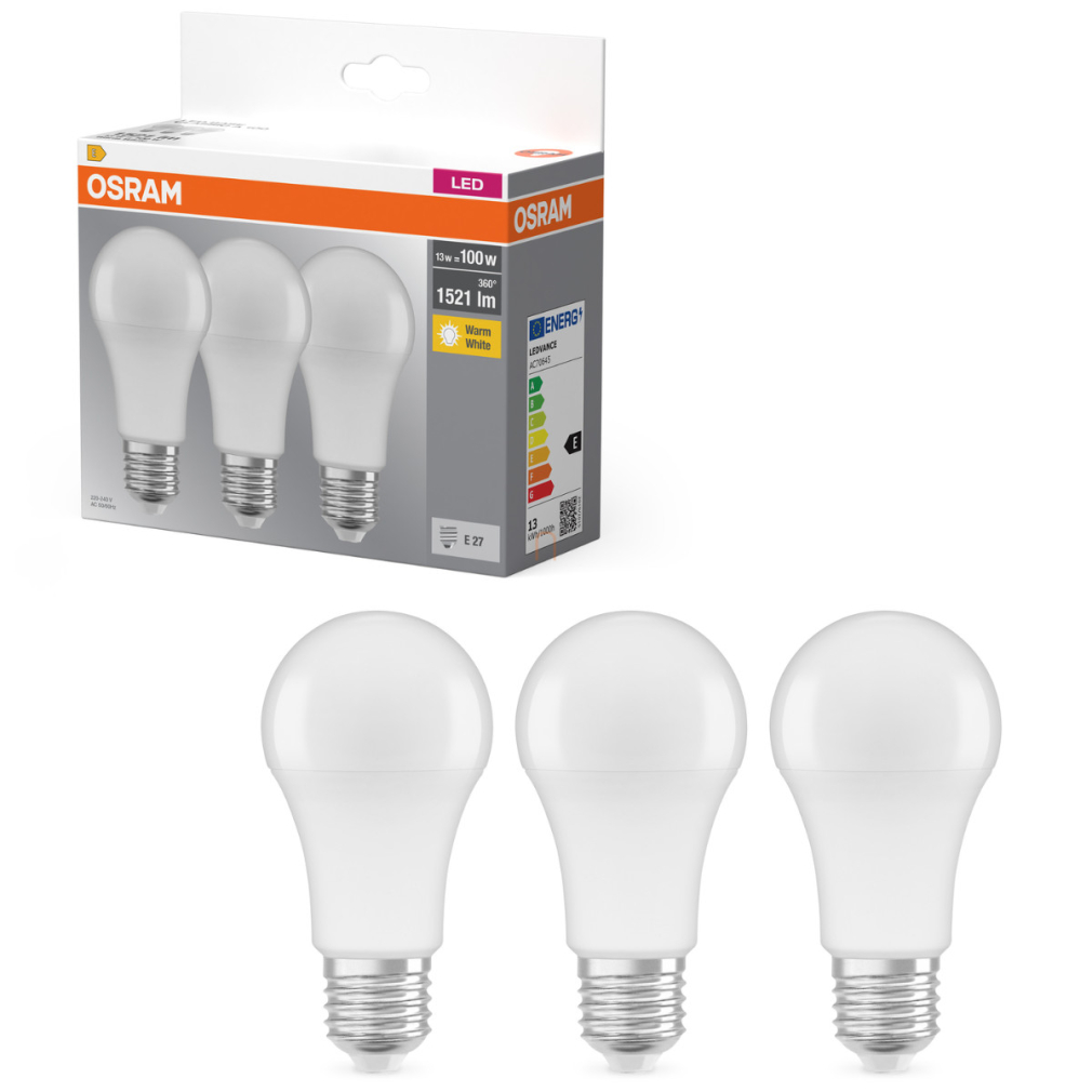 Osram E27 LED 13W, 1521 lm, 2700 K, melegfehér, opál műanyag-100 W normál izzó helyett, 3 darabos - Base Classic A