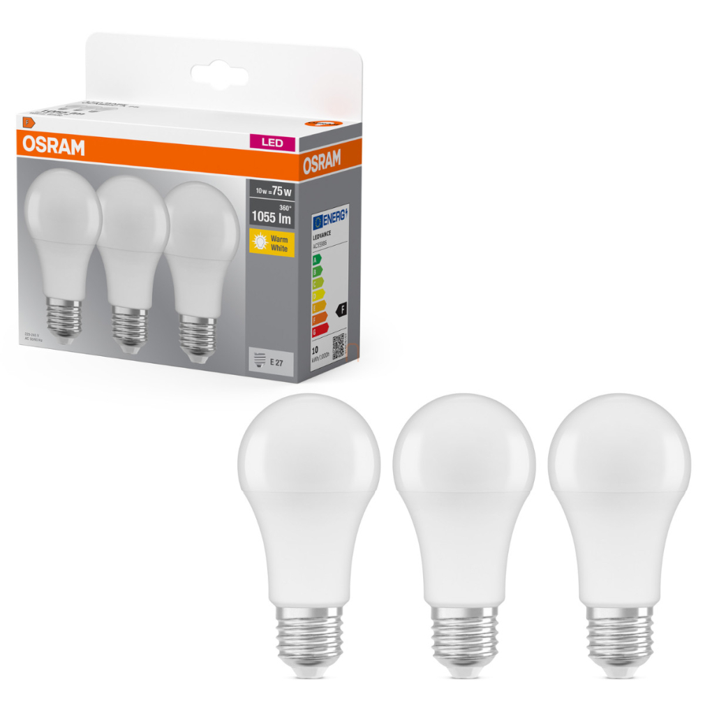 Osram E27 LED 10W, 1055 lm, 2700 K, melegfehér, opál műanyag-75 W normál izzó helyett, 3 darabos - Base Classic A