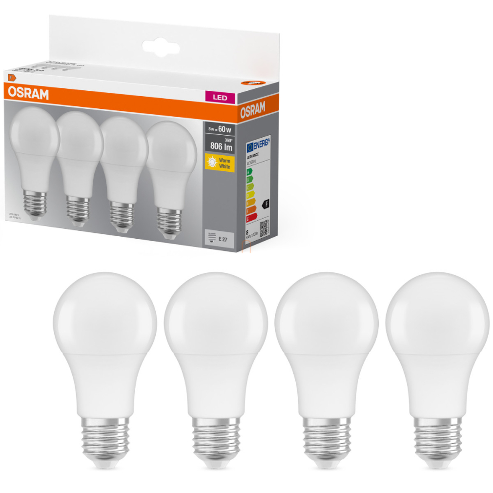 Osram E27 LED 8W, 806 lm, 2700 K, melegfehér, opál műanyag-60 W normál izzó helyett, 4 darabos - Base Classic A