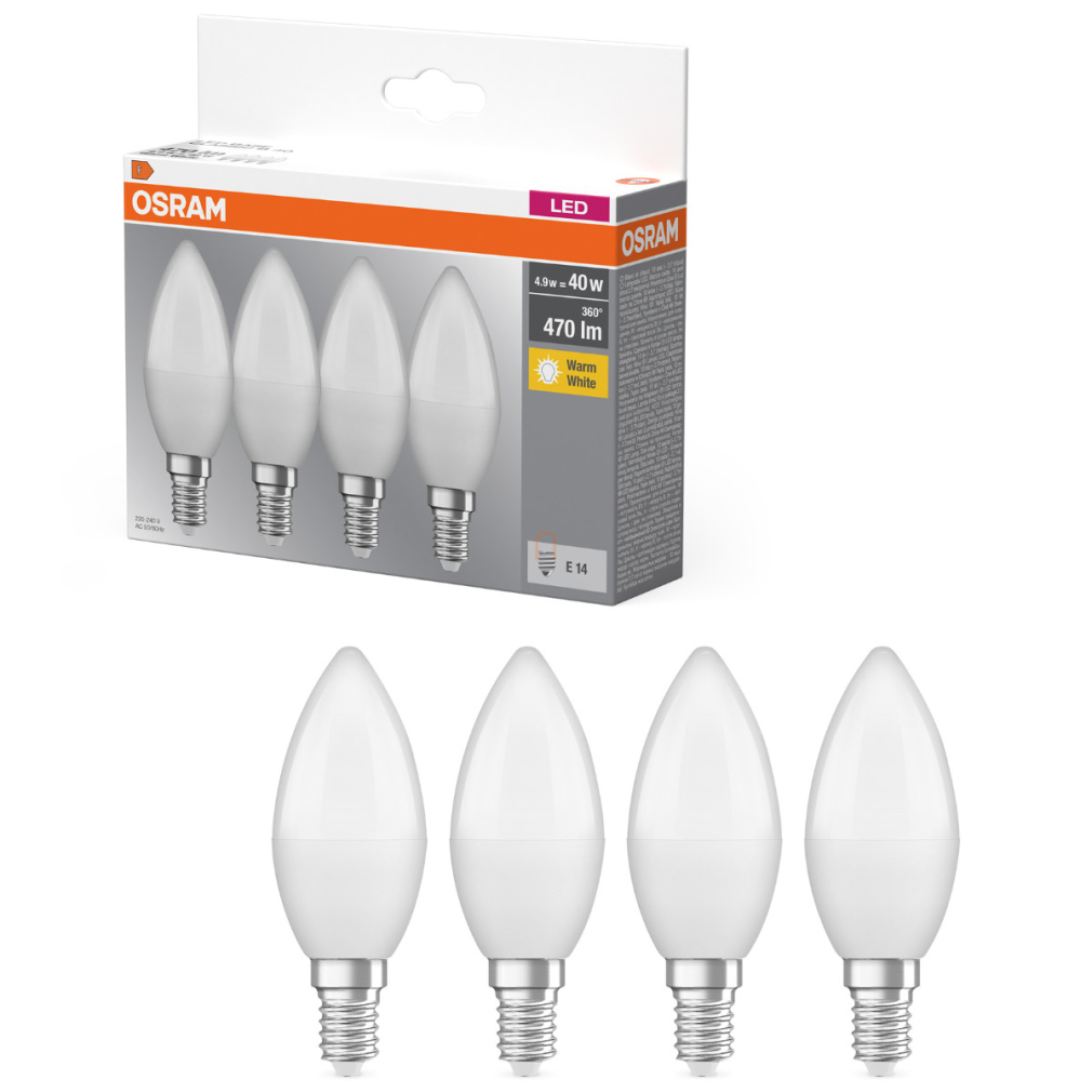 Osram E14 LED gyertya, 4,9W, 470 lm, 2700 K, melegfehér, opál műanyag-40 W izzó helyett, 4 darabos - Base Classic B