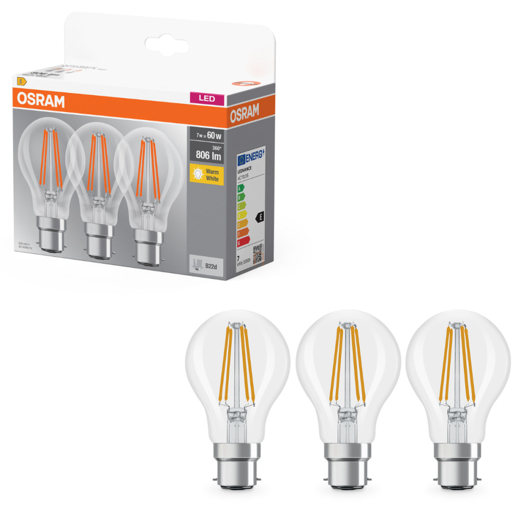 Osram B22d LED 7W, 806 lm, 2700 K, melegfehér, áttetsző üveg-60 W izzó helyett, 3 darabos - Base Classic A 60 filament
