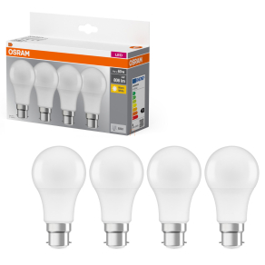   Osram B22d LED 8W, 806 lm, 2700 K, melegfehér, opál műanyag-60 W izzó helyett, 4 darabos - Base Classic A