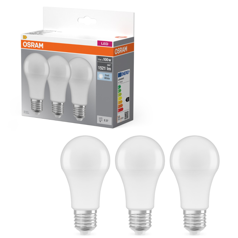 Osram E27 LED 13W, 1521 lm, 4000 K, hidegfehér, opál műanyag-100 W normál izzó helyett, 3 darabos - Base Classic A