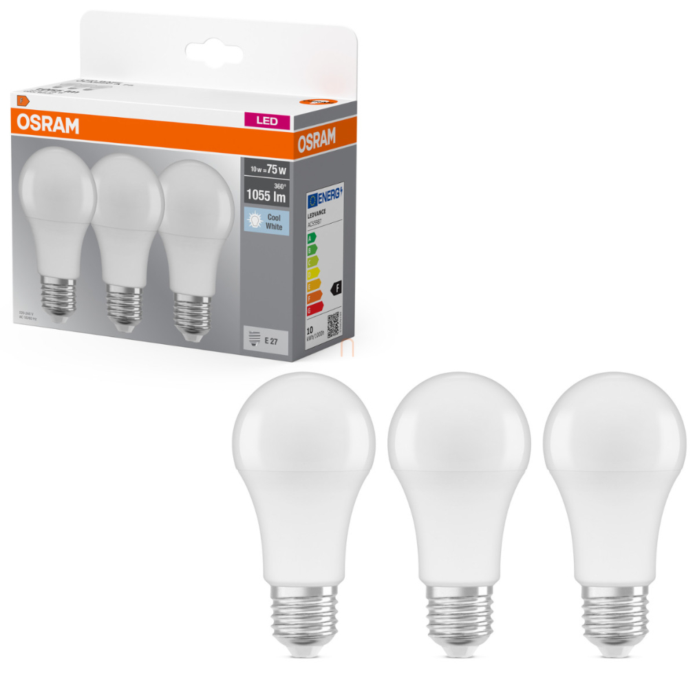 Osram E27 LED 10W, 1055 lm, 4000 K, hidegfehér, opál műanyag-75 W normál izzó helyett, 3 darabos - Base Classic A