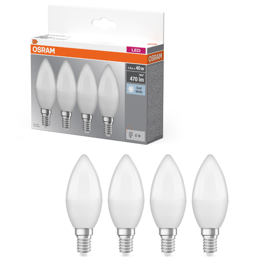 Osram E14 LED gyertya, 4,9W, 470 lm, 4000 K, hidegfehér, opál műanyag-40 W izzó helyett, 4 darabos - Base Classic B