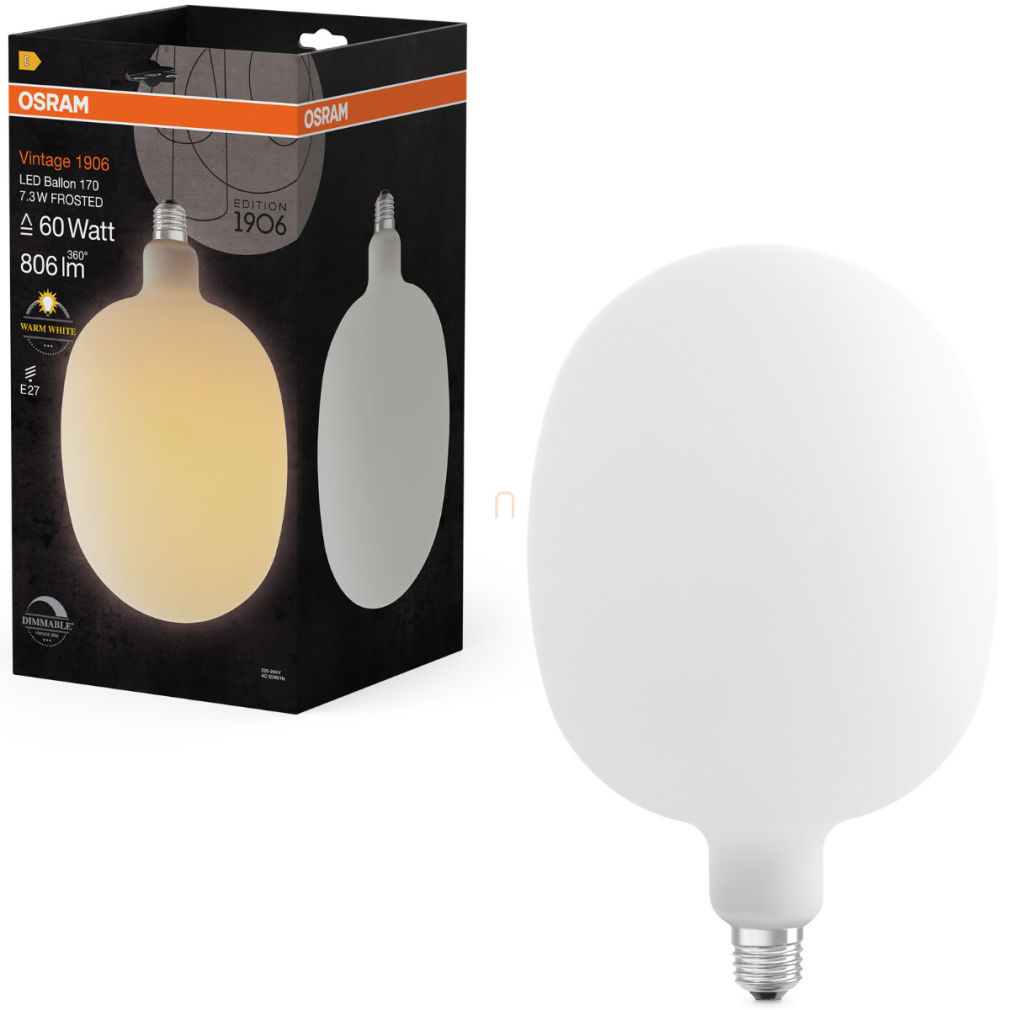 Osram E27 LED Vintage, 7,3W, 806 lm, 2700 K, melegfehér, dimmelhető, fehér üveg-60 W izzó helyett - Vintage 1906 DIM Classic Ballon