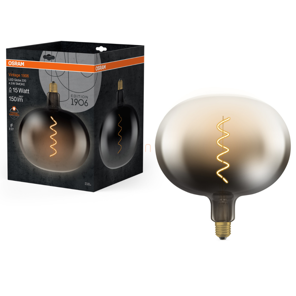 Osram E27 LED 4,5W, 150 lm, 1800 K, candlelight, füstszínű üveg-15 W izzó helyett - Vintage 1906 Classic Globe220 Smoke filament