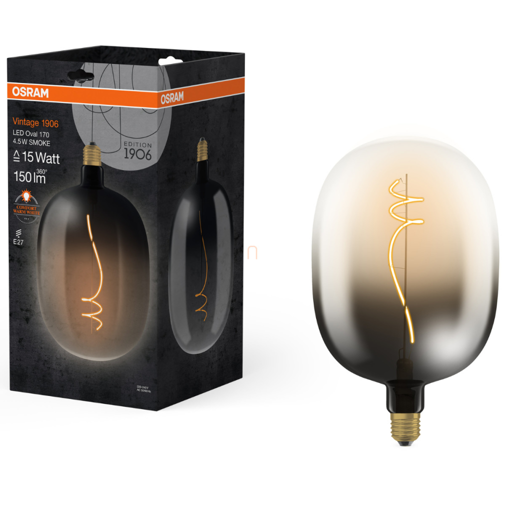 Osram E27 LED 4,5W, 150 lm, 1800 K, candlelight, füstszínű üveg-15 W izzó helyett - Vintage 1906 Classic Oval 170 Smoke filament