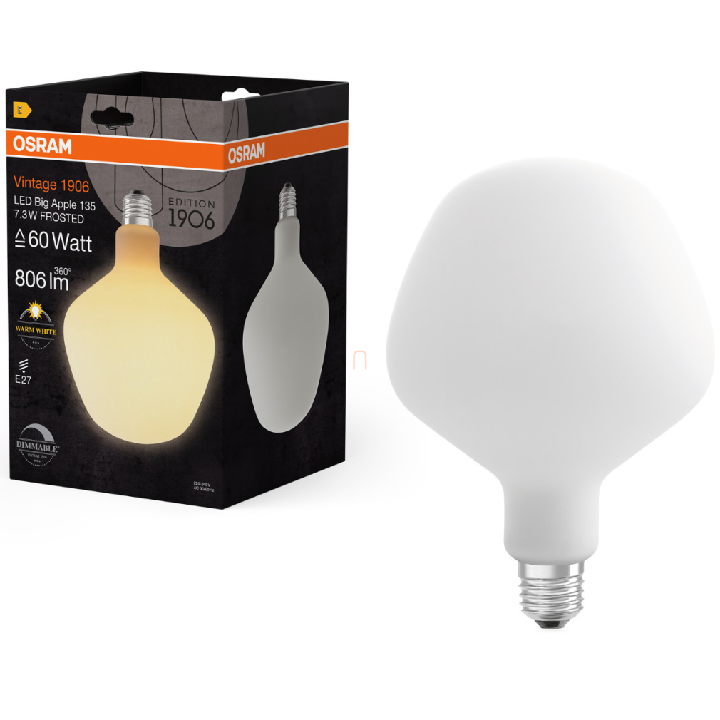 Osram E27 LED Vintage, 7,3W, 806 lm, 2700 K, melegfehér, dimmelhető, opál üveg-60 W izzó helyett - Vintage 1906 DIM Classic A Apple 135