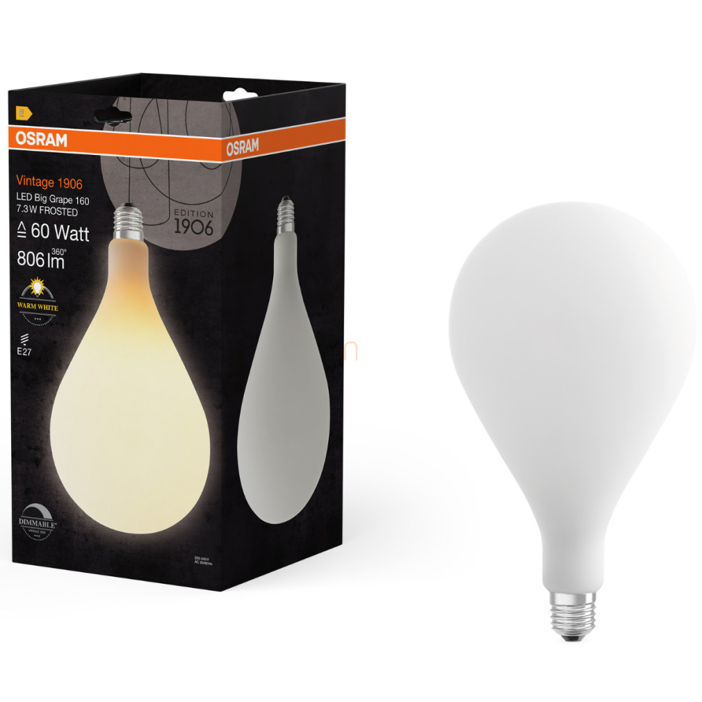 Osram E27 LED Vintage, 7,3W, 806 lm, 2700 K, melegfehér, dimmelhető, opál üveg-60 W izzó helyett - Vintage 1906 DIM Classic A 160
