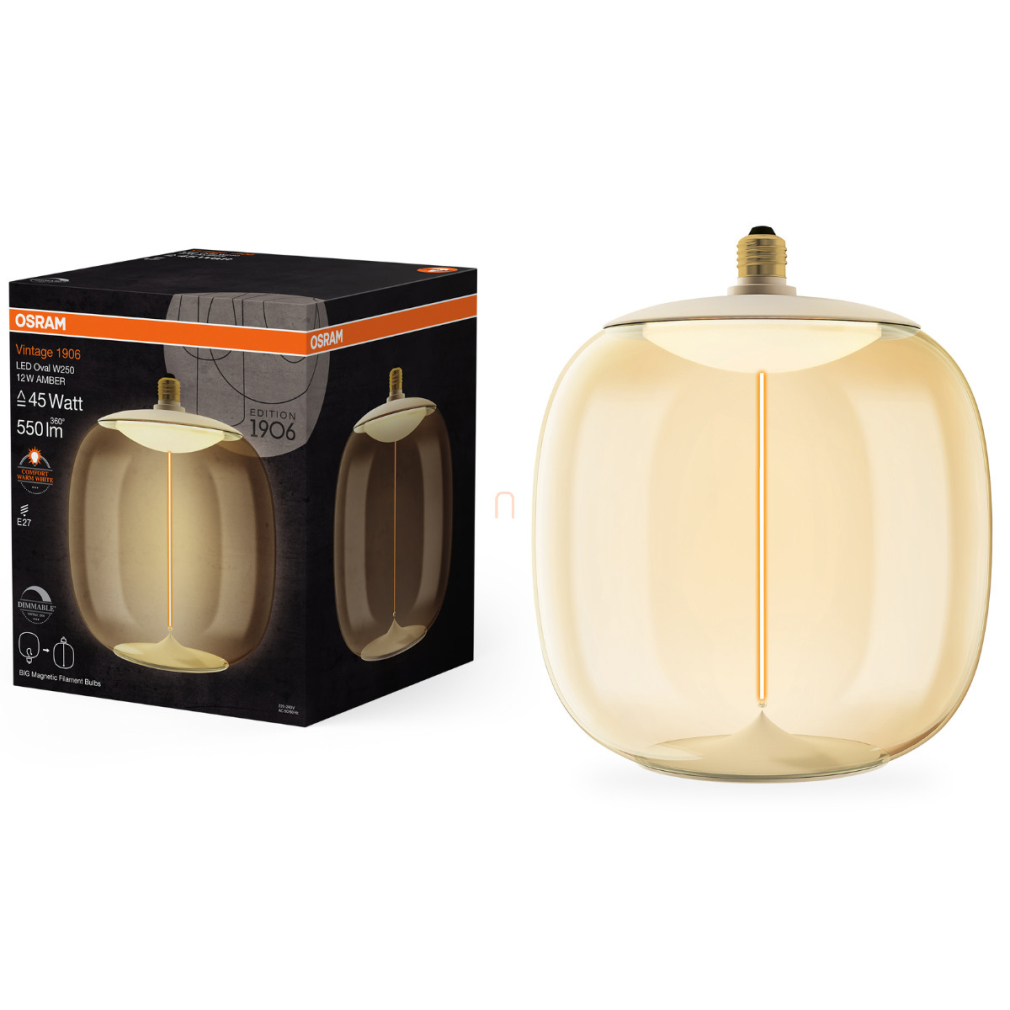 Osram E27 LED 12W, 550 lm, 1800 K, candlelight, dimmelhető, borostyán műanyag-40 W izzó helyett - Magnetic Vintage dim Classic Oval Amber filament