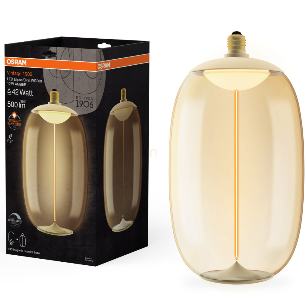 Osram E27 LED 12W, 500 lm, 1800 K, candlelight, dimmelhető, borostyán műanyag-40 W izzó helyett - Magnetic Vintage dim Classic Elipse/Oval WG200 Amber filament