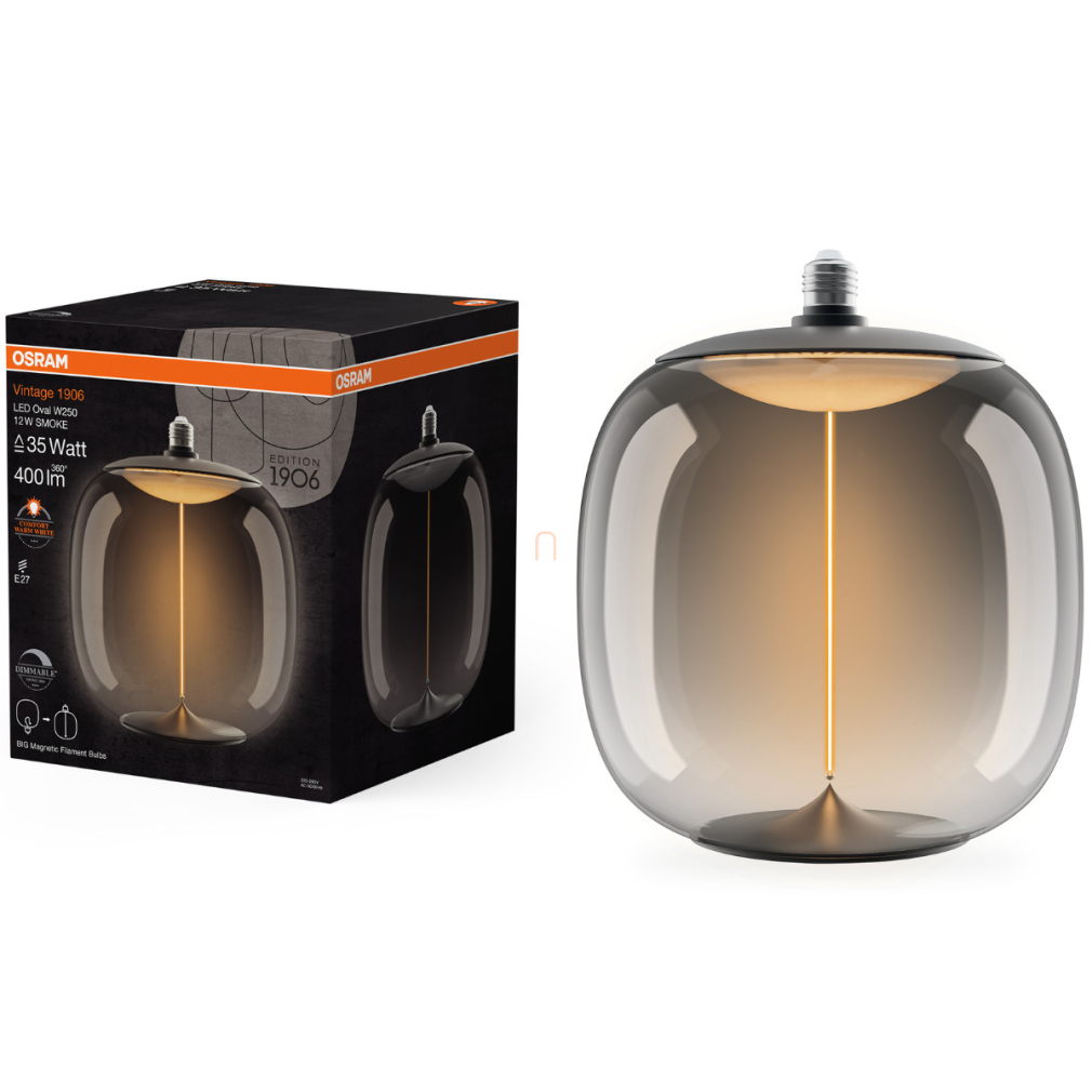 Osram E27 LED 12W, 400 lm, 1800 K, candlelight, dimmelhető, füstszínű műanyag-35 W izzó helyett - Magnetic Vintage dim Classic Oval W250 Smoke filament