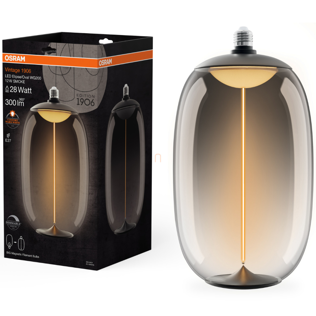 Osram E27 LED 12W, 300 lm, 1800 K, candlelight, dimmelhető, füstszínű műanyag-25 W izzó helyett - Magnetic Vintage dim Classic Elipse/Oval WG200 Smoke filament