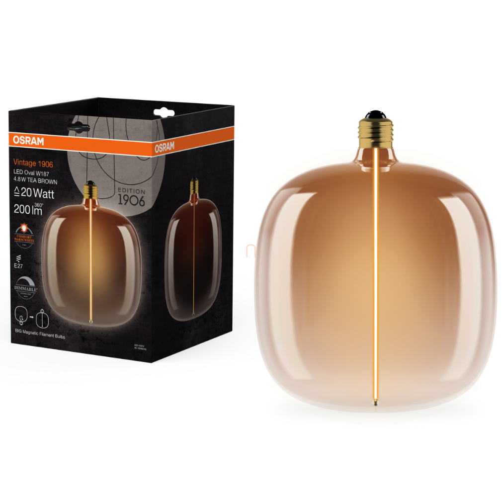 Osram E27 LED mágneses filament, 4,8W, 200 lm, 1800 K, candlelight, dimmelhető, barna üveg-20 W izzó helyett - Magnetic Vintage dim Classic Oval W187 Tea Brow