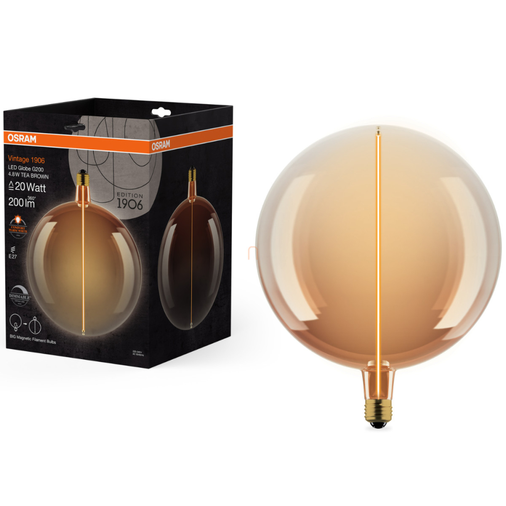 Osram E27 LED nagygömb, 4,8W, 200 lm, 1800 K, candlelight, dimmelhető, barna üveg-20 W izzó helyett - Magnetic Vintage dim Classic