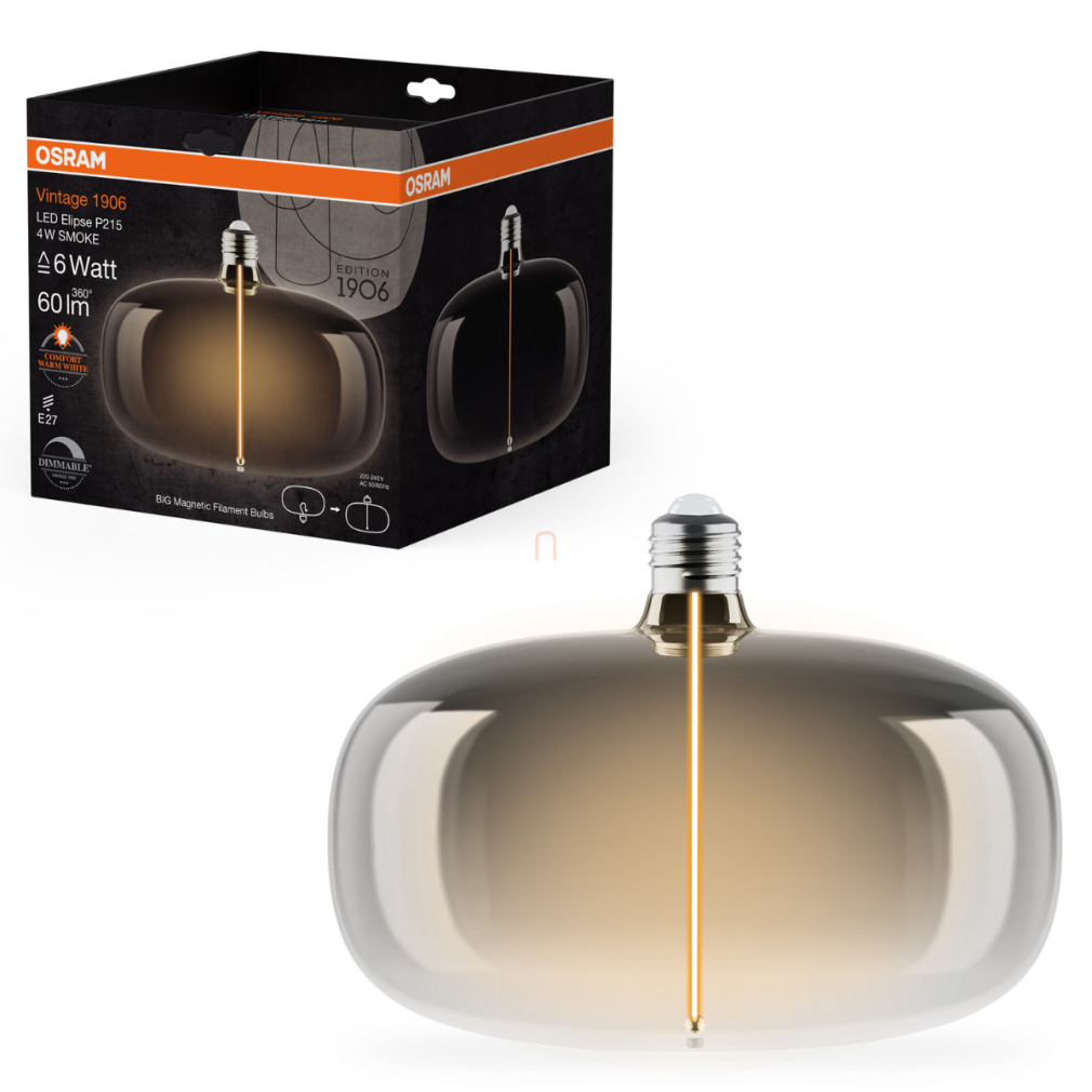 Osram E27 LED 4W, 60 lm, 1800 K, candlelight, dimmelhető, füstszínű üveg-5 W izzó helyett - Magnetic Vintage dim Classic Elispe P215 Smoke 6 DIM filament