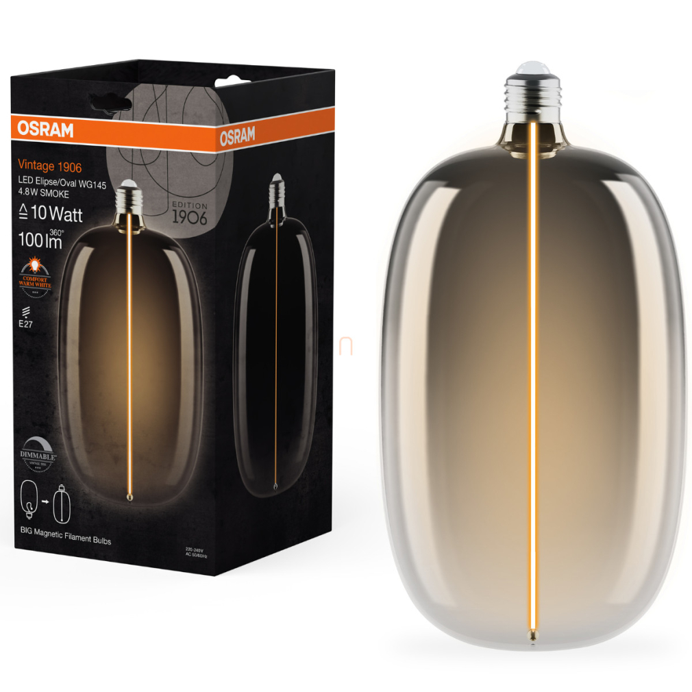 Osram E27 LED 4,8W, 100 lm, 1800 K, candlelight, dimmelhető, füstszínű üveg-10 W izzó helyett - Magnetic Vintage dim Classic Elipse/Oval WG145 Smoke filament