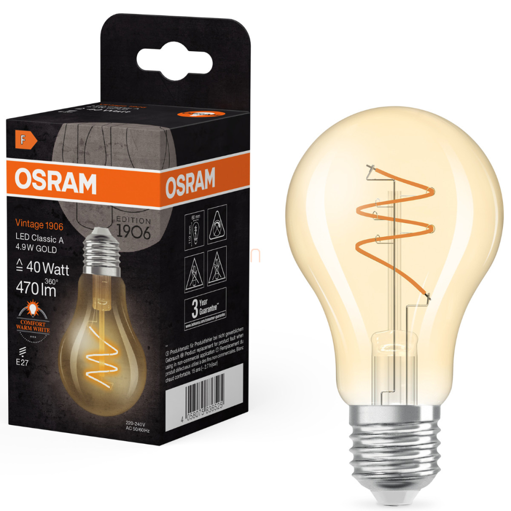 Osram E27 LED Vintage, 4,9W, 470 lm, 2200 K, candlelight, arany színű színű üveg-40 W izzó helyett - Vintage 1906 Classic A60 Gold