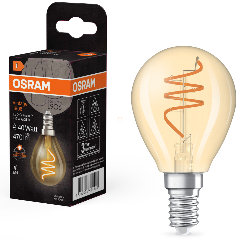 Osram E14 LED kisgömb, 4,9W, 470 lm, 2200 K, candlelight, arany színű színű üveg-40 W izzó helyett - Vintage 1906 Classic P45 Gold