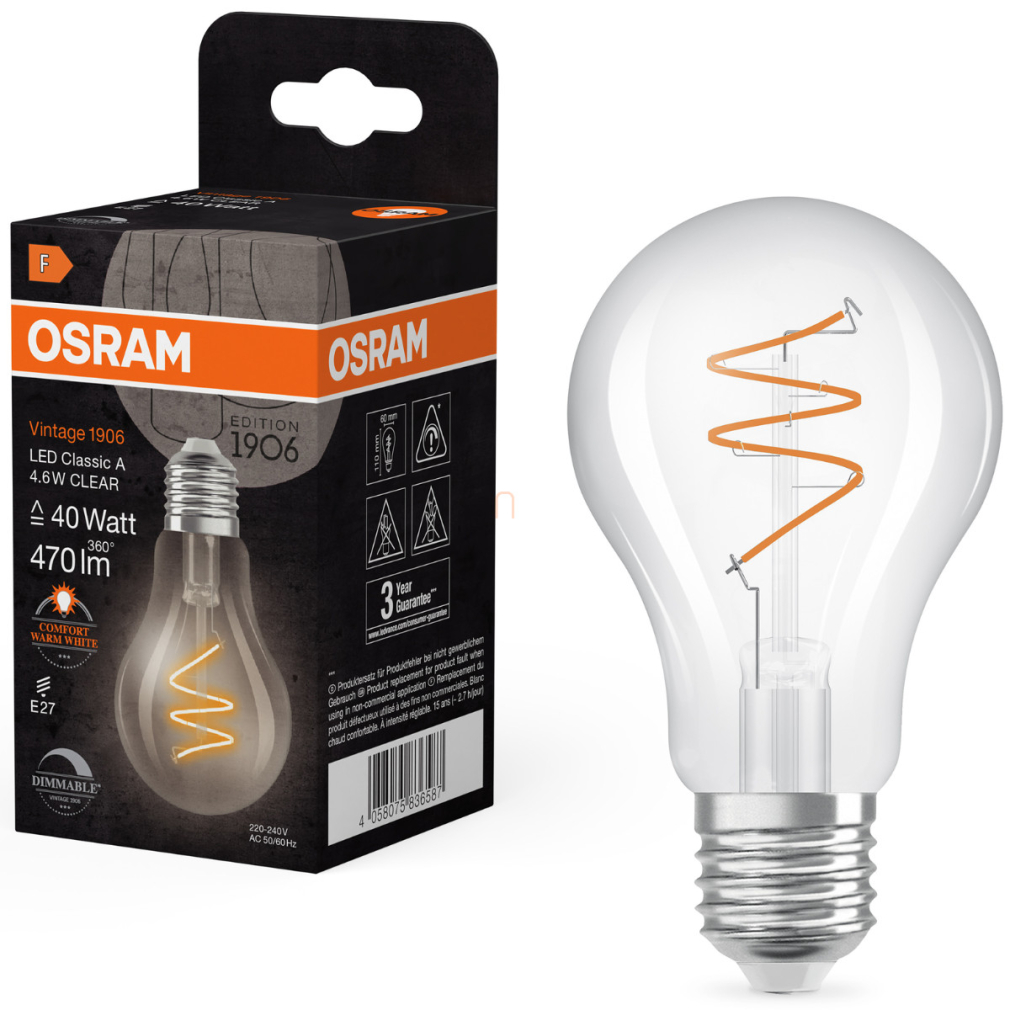 Osram E27 LED Vintage, 4,6W, 470 lm, 2200 K, candlelight, dimmelhető, áttetsző üveg-40 W izzó helyett - Vintage 1906 Classic A60