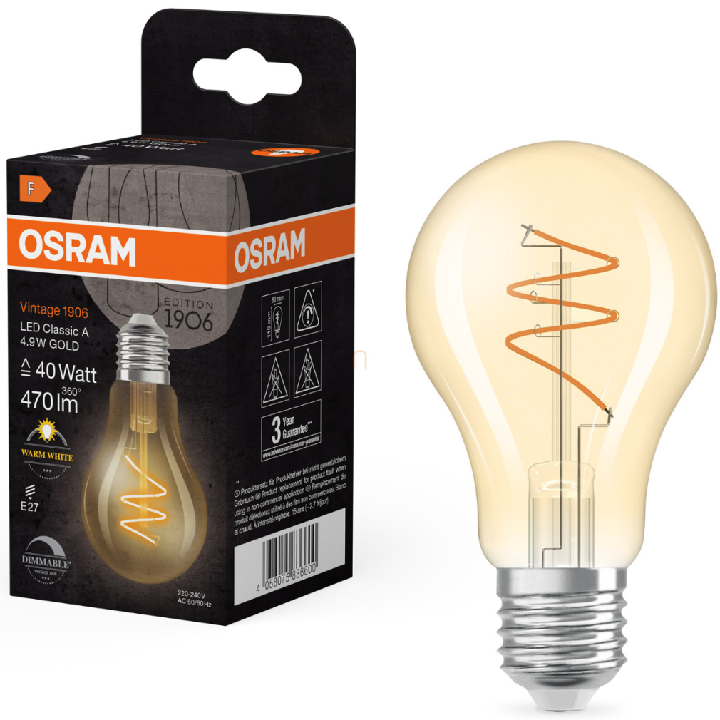 Osram E27 LED Vintage, 4,9W, 470 lm, 2700 K, melegfehér, dimmelhető, arany színű színű üveg-40 W izzó helyett - Vintage 1906 Classic A60 Gold