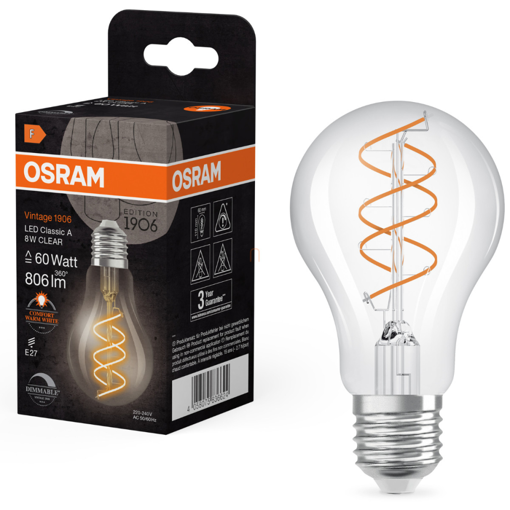 Osram E27 LED Vintage, 8W, 806 lm, 2200 K, candlelight, dimmelhető, áttetsző üveg-60 W izzó helyett - Vintage 1906 Classic A60