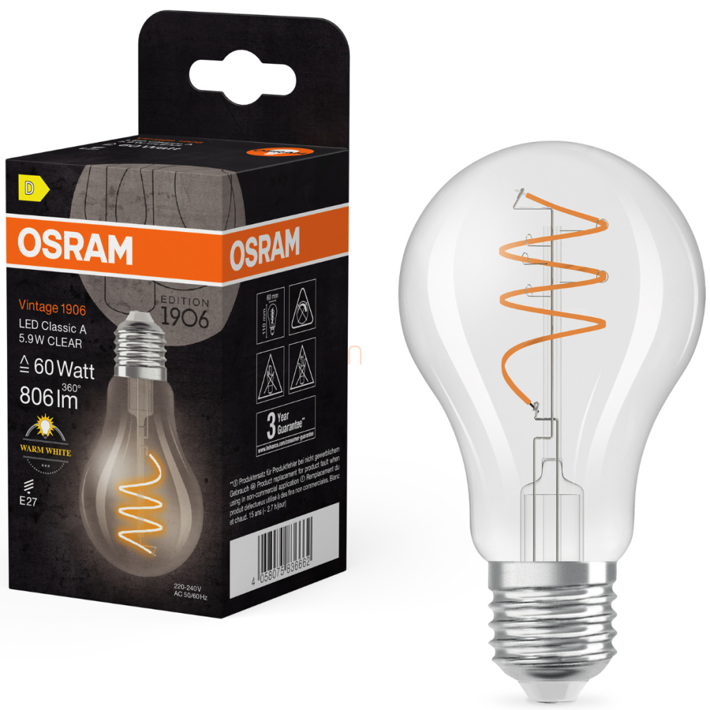 Osram E27 LED Vintage, 5,9W, 806 lm, 2700 K, melegfehér, áttetsző üveg-60 W izzó helyett - Vintage 1906 Classic A60