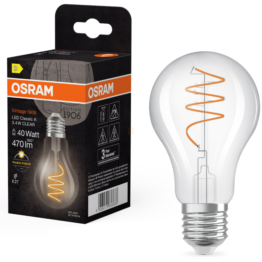 Osram E27 LED Vintage, 3,4W, 470 lm, 2700 K, melegfehér, áttetsző üveg-40 W izzó helyett - Vintage 1906 Classic A60