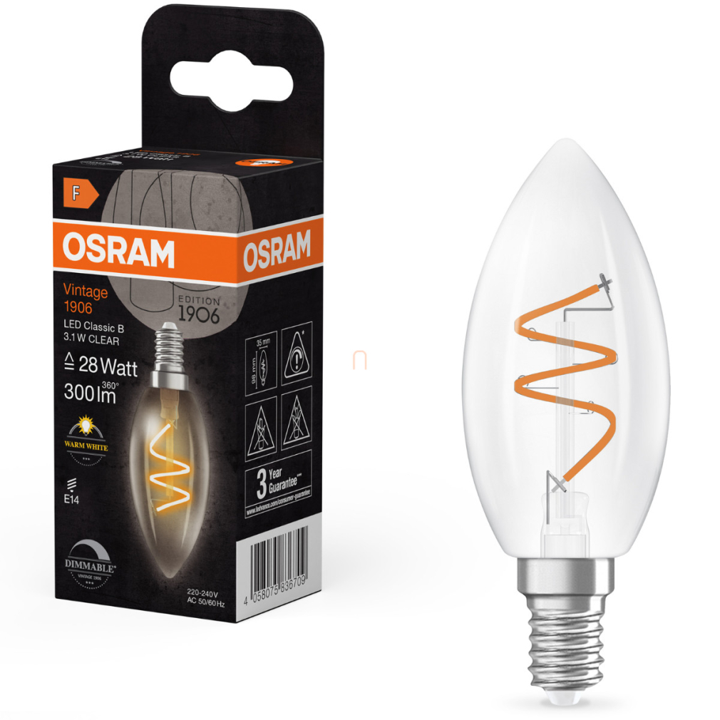 Osram E14 LED gyertya, 3,1W, 300 lm, 2700 K, melegfehér, dimmelhető, áttetsző üveg-25 W izzó helyett - Vintage 1906 Classic B35