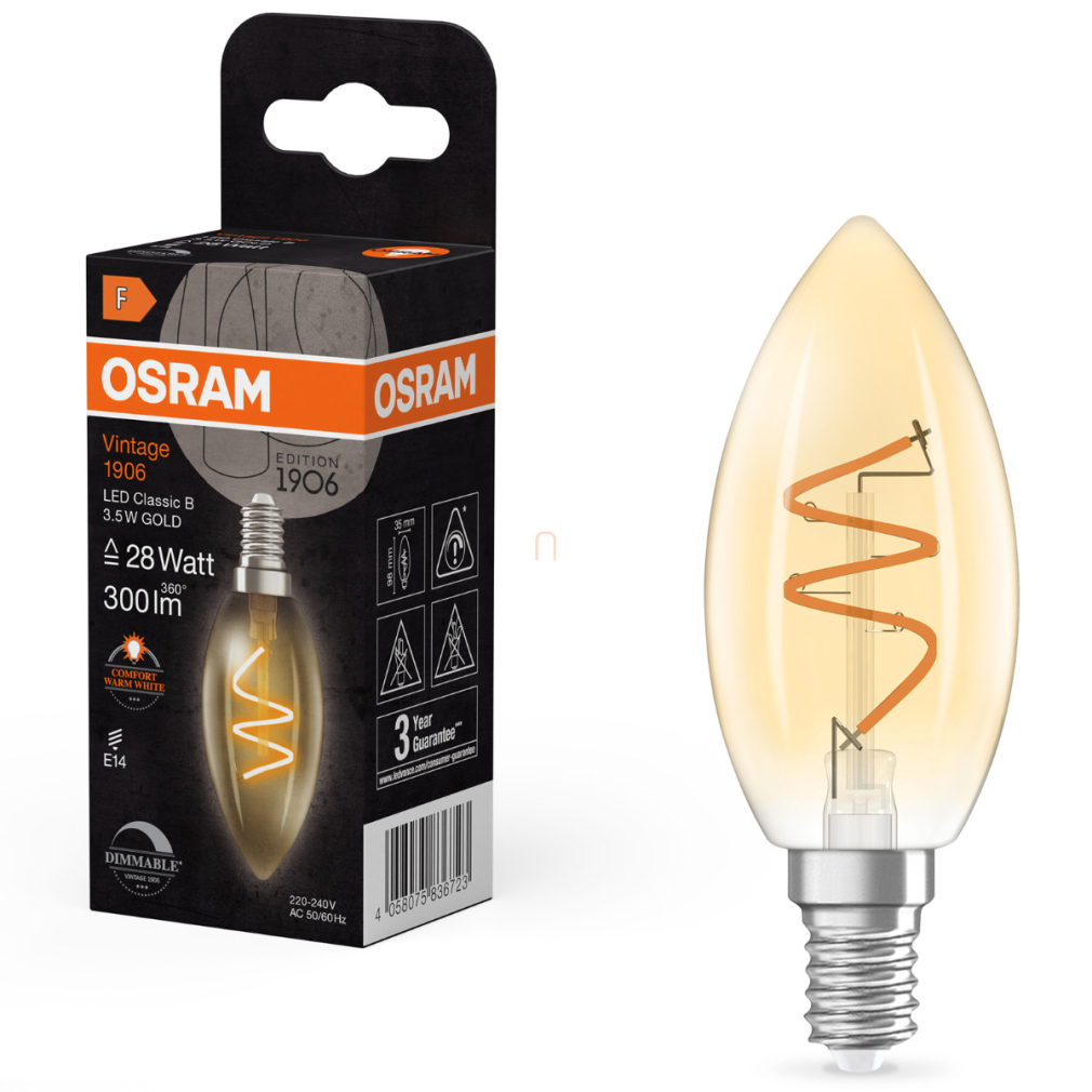 Osram E14 LED gyertya, 3,5W, 300 lm, 2200 K, candlelight, dimmelhető, arany színű színű üveg-25 W izzó helyett - Vintage 1906 Classic B35