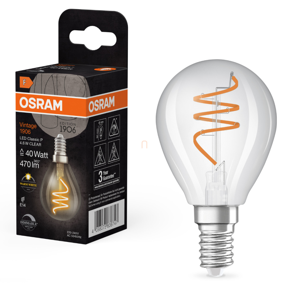 Osram E14 LED kisgömb, 4,6W, 470 lm, 2700 K, melegfehér, dimmelhető, áttetsző üveg-40 W izzó helyett - Vintage 1906 Classic P45