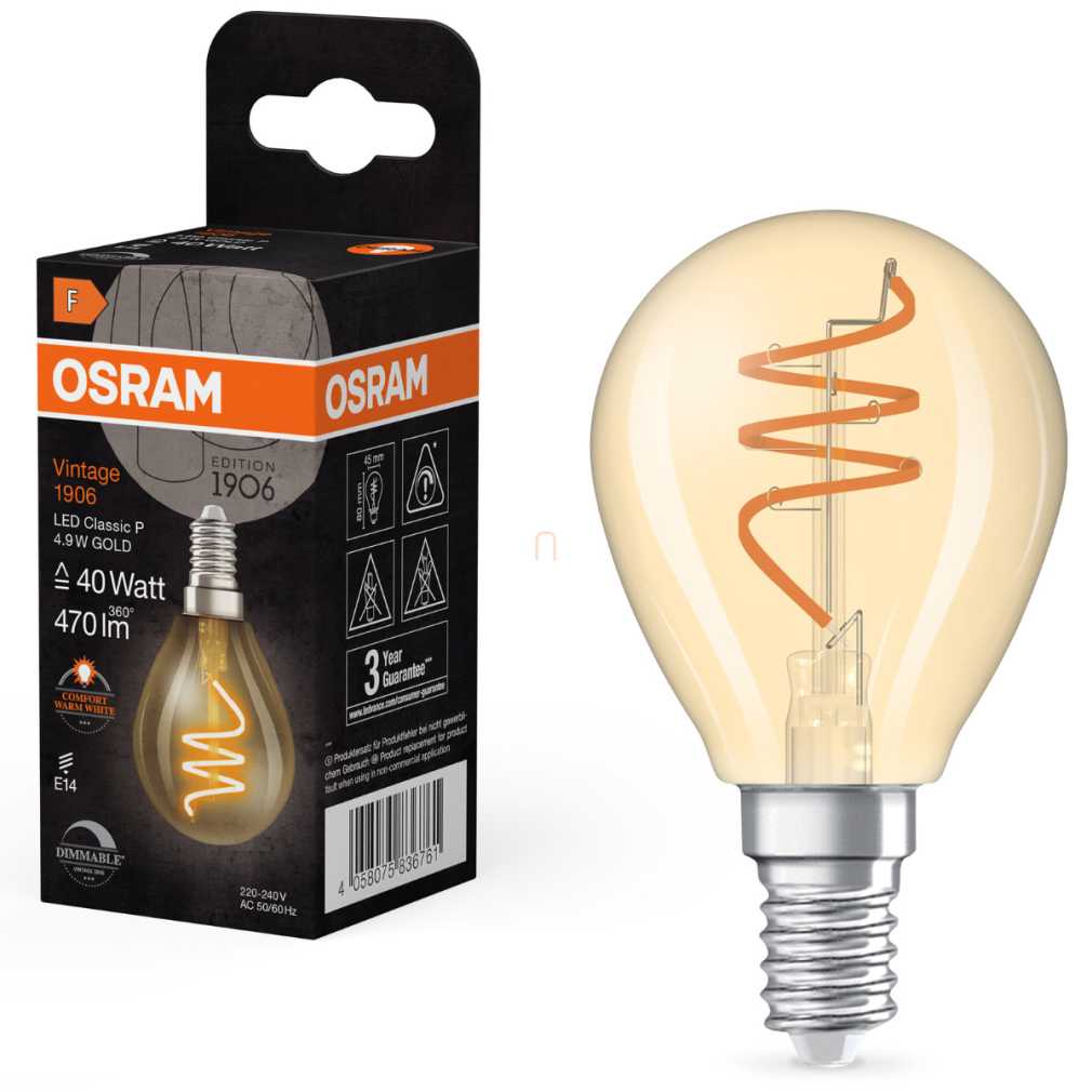 Osram E14 LED kisgömb, 4,9W, 470 lm, 2200 K, candlelight, dimmelhető, arany színű színű üveg-40 W izzó helyett - Vintage 1906 Classic P45 Gold